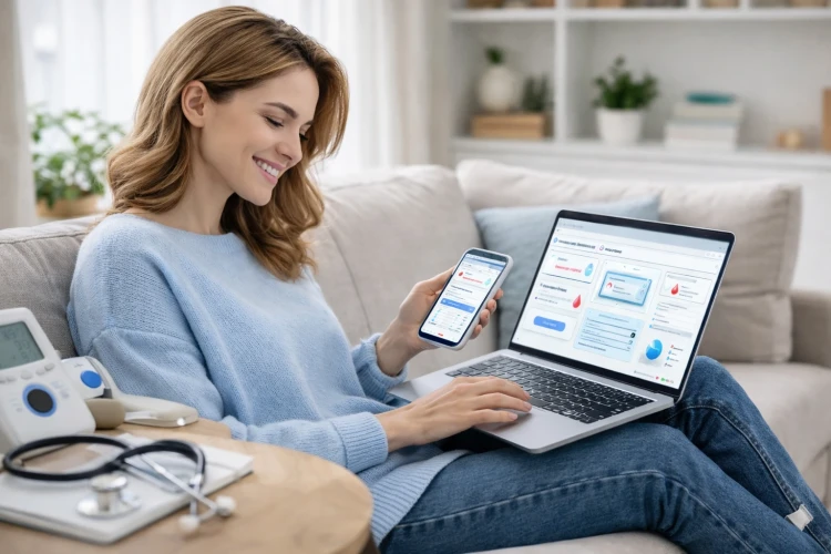 Kobieta zamawiająca mobilny pobór krwi przez laptopa i telefon - LabExpress Duszniki Wielkopolskie.webp