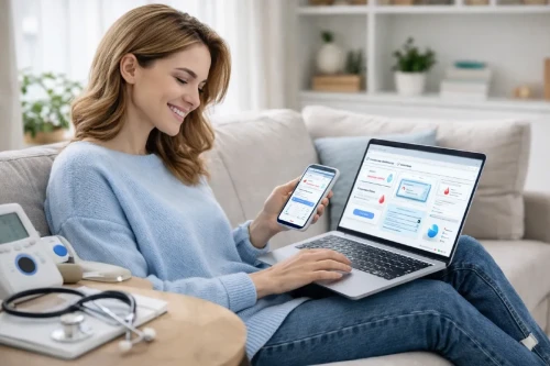 Kobieta zamawiająca mobilny pobór krwi przez laptopa i telefon - LabExpress Duszniki Wielkopolskie.webp