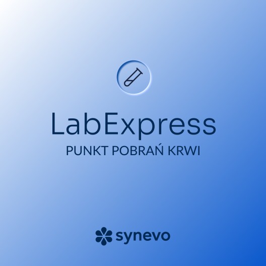 Grafika informacyjna LabExpress Punkt Pobrań Krwi. Na niebieskim tle widnieje nazwa firmy, ikona probówki laboratoryjnej oraz logo sieci laboratoriów Synevo.