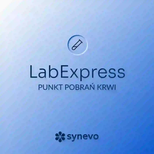 Grafika informacyjna LabExpress Punkt Pobrań Krwi. Na niebieskim tle widnieje nazwa firmy, ikona probówki laboratoryjnej oraz logo sieci laboratoriów Synevo.